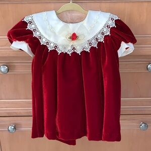 VINTAGE Red Velvet Baby Dress with Lace Collar